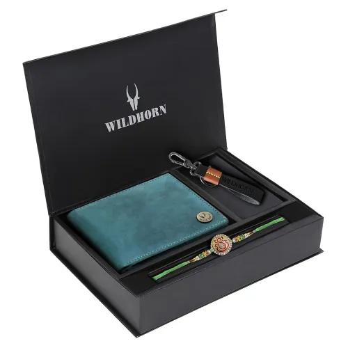 Image of WildHorn Rakhi Gift Hamper for Brother - Classic Men's Combo/Gift Set of Leather Wallet, Keyring and Rakhi for Brother/B