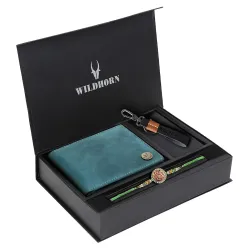 WildHorn Rakhi Gift Hamper for Brother - Classic Men's Combo/Gift Set of Leather Wallet, Keyring and Rakhi for Brother/Bhaiya. (Blue Hunter)
