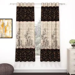 Window Curtains 5 Feet Long Set of 2 | Light Filtering Curtains for Window | Abstract Design, Polyester Curtain and Drapes for Living Room | (118 x 152 cm, Cream & Brown)