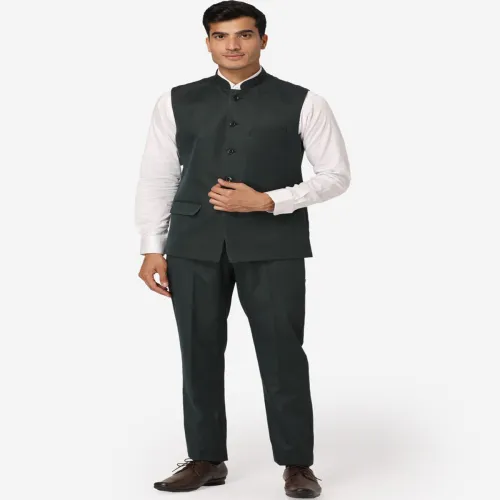 Image of Wintage Men Green Solid Bandhgala Two-Piece Formal Suit