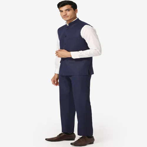 Image of Wintage Men Navy Blue Solid Bandhgala Formal Two-Piece Suit