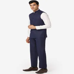 Wintage Men Navy Blue Solid Bandhgala Formal Two-Piece Suit