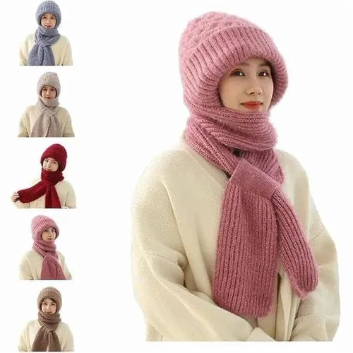 Image of Winter Hat Scarf for Women 2 in 1, Windproof Woolen Winter Cap with Ear