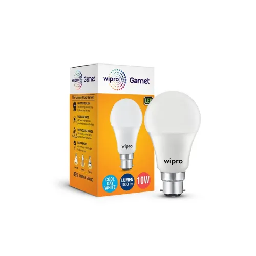 Image of wipro Garnet 10W LED Bulb for Home & Office |Cool Day White (6500K) | B22 Base|220 degree Light coverage | 