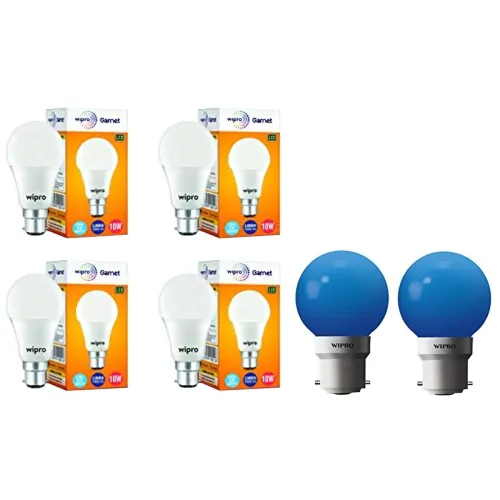 Image of wipro Garnet Base B22D 10-Watt LED Bulb (Pack of 4, White) Glass Safelite N10004 B22 0.5-Watt Led Night Lamp (Pack Of 2,