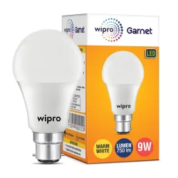 wipro Garnet 9W LED Bulb for Home & Office |Warm White (2700K) | B22 Base|220 Degree Light Coverage |