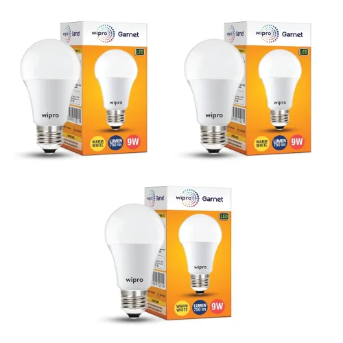Image of wipro Garnet 9W LED Bulb for Home & Office |Warm White (2700K) | E27 Base|220 Degree Light Coverage |4Kv Surge Protectio
