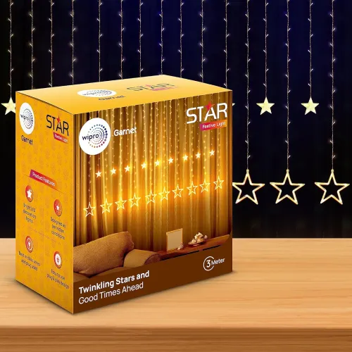 Image of wipro Polycarbonate Garnet 12 Stars 3 Meter Curtain Led Festive Lights|Indoor String Lights|Decoration for Diwali, Weddi