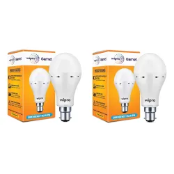wipro Garnet 9w LED Emergency Bulb | Cool Day White (6500K) | B22 LED Bulb Base | Inverter Bulb for home, with 4 Hours battery back up| Li-ion Battery | Over charging Protection | Pack of 2