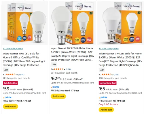 Image of Wipro LED Bulbs Upto 89% Discount | Starting @ ₹59 