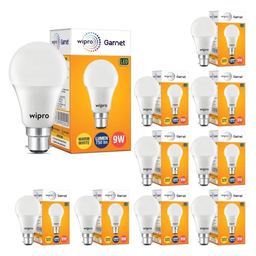 Image of wipro Polycarbonate Garnet Base B22 9-Watt LED Bulb Pack of 10