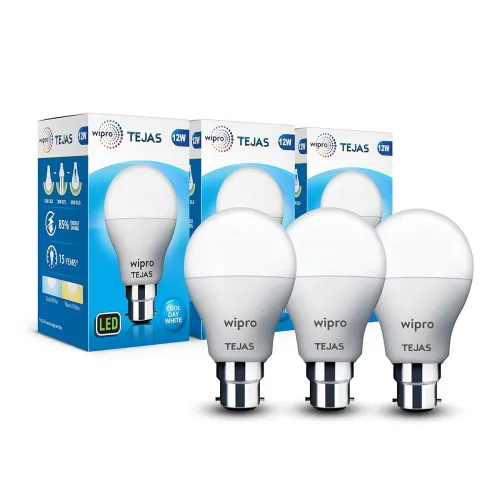 Image of Wipro Tejas 12w LED Bulb for Home & Office | B22 LED Bulb Base | Cool Day White Light (6500K) | 4Kv Surge Protection | H