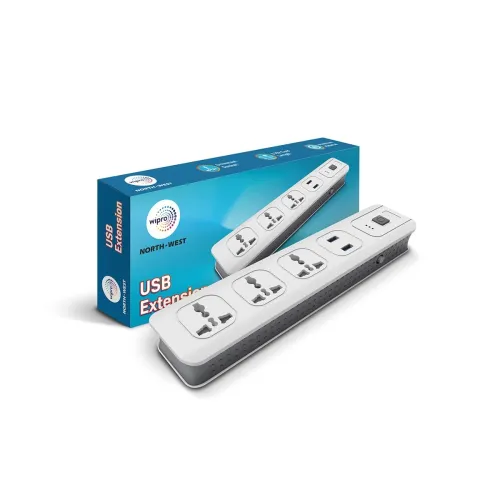 Image of Wipro USB Extension Cord with 2 mtr Cord Length | 3 Universal Socket and 2 USB Port Spike Guard | Child Safety | Auto Cu