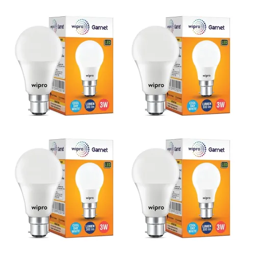Image of wipro 3W B22 LED Cool Day Light Bulb, Pack of 4, (Garnet)