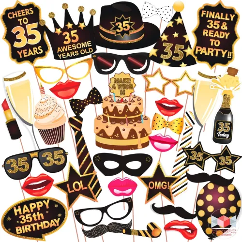 Image of Wobbox 35th Birthday Photo Booth Party Props Brown & Golden Glitter, Birthday Party Decoration, Birthday Party Item