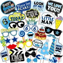 WOBBOX Sixth Birthday Photo Booth Party Props Blue for Baby Boy, 6th Birthday Decorations for Boys, Kids Birthday Party Decoration Items