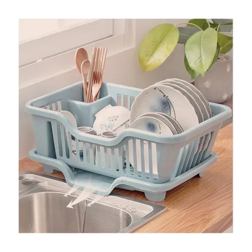 Image of Wolpin 3-in-1 Plastic Dish Drainer (Blue)