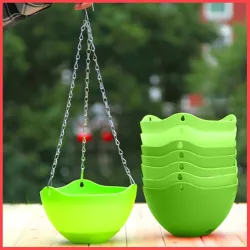 wolpin 5 Pcs Plastic Flower Pot Gamla Garden Planter Hanging Pot Chain & Inbuilt Water Tray Hanging Garden Planters Container Set, Indoor Outdoor Balcony Plant Flower Pot, Green (21 x 21 cm)