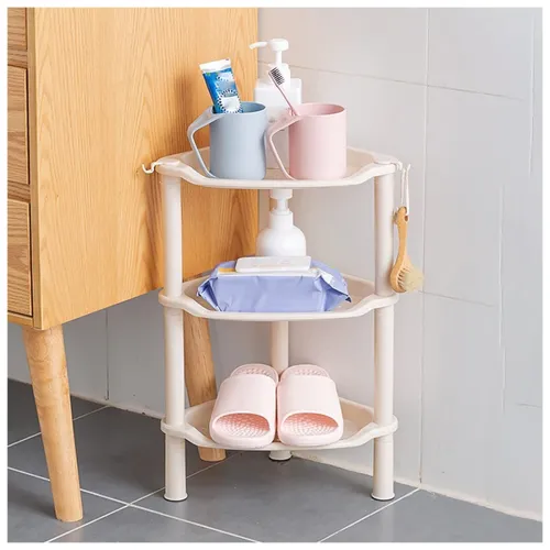 Image of wolpin Bathroom Shelf Stand Plastic 3 Tier Shelves with Hooks Corner Kitchen Bathroom Multipurpose Holder Bathroom Stora