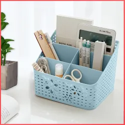 wolpin Desk Organizer 5 Compartment Mesh Pen & Pencil Stand Stationery Storage Home and Office Stationery (Blue)