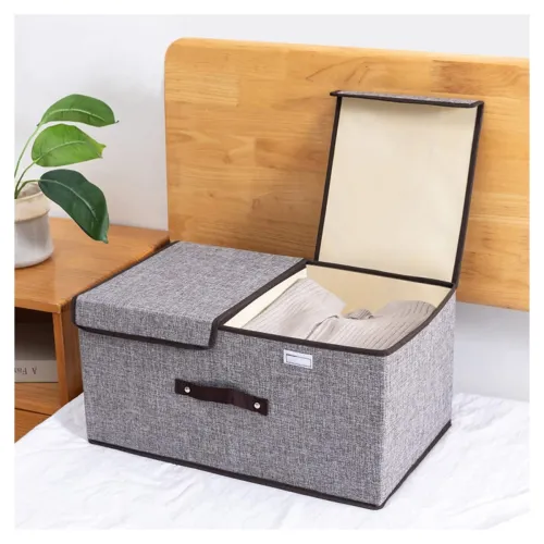 Image of Wolpin Foldable Oxford Fabric Storage Basket with Double Lid (Grey, 35x15x25cm)