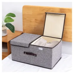 Wolpin Foldable Oxford Fabric Storage Basket with Double Lid (Grey, 35x15x25cm)