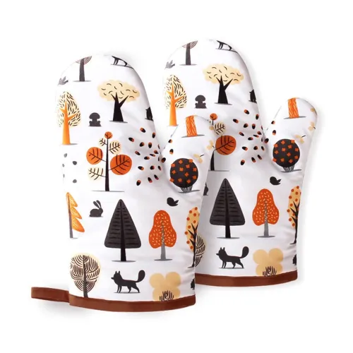 Image of Wolpin Oven Gloves 100% Cotton Padded Snow Forest, Thick Anti-Slip Heat Resistant Gloves (Pack of 2, Off-White)