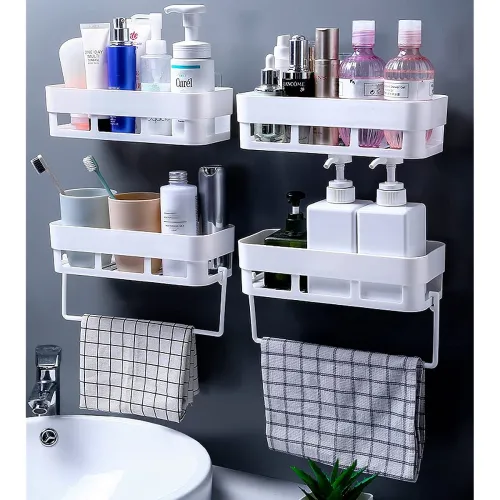 Image of Wolpin Self-Adhesive Wall Shelf with Towel Hanger Set