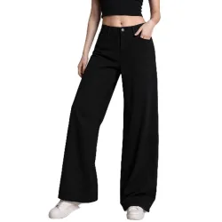 Women Black High Waist Straight Fit High RiseDenim Jeans for Women | Korean Style Relaxed Fit Full Length Black Denim Pants