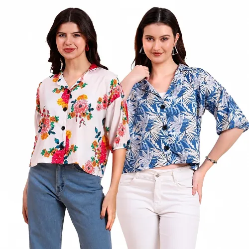 Image of Women’s Cotton Blend Printed Combo (Pack of 2) Shirts – 3/4 Sleeves V Collar Neck (COMBO1744)