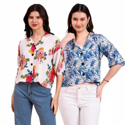 Women’s Cotton Blend Printed Combo (Pack of 2) Shirts – 3/4 Sleeves V Collar Neck (COMBO1744)