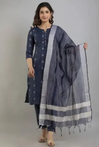 Image of Women Khadi Cotton Kurta Pant with Dupatta Set