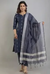 Women Khadi Cotton Kurta Pant with Dupatta Set