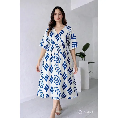 Image of Women Printed Midi Dress V-Neck Short Sleevless Maroon Pattern A-Line Dress