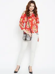 Style Quotient Women Red & Yellow Floral Print Layered Bardot Top