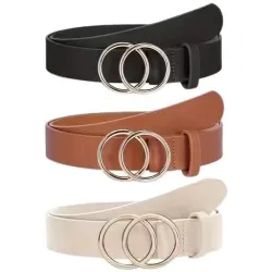Women's Belt with Double Ring Buckle, Faux Leather, Black Brown Beige, 3 Pack