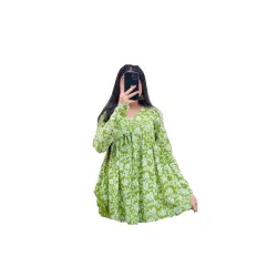 Womens Cotton Blend V-Neck Full Sleeves Short Kurti Green