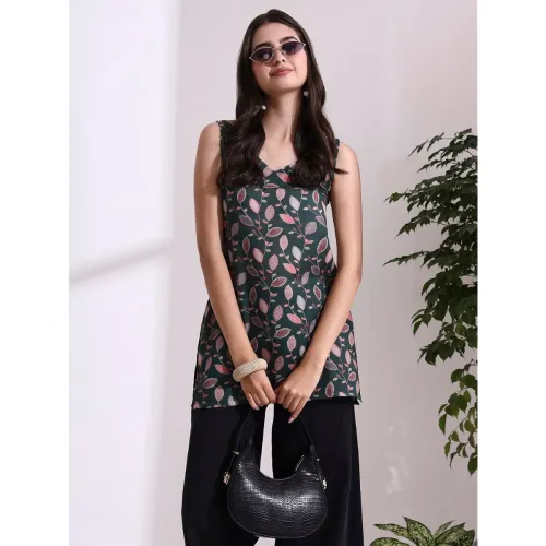 Image of Women’s Floral Cotton Kurti V-Neck Round 