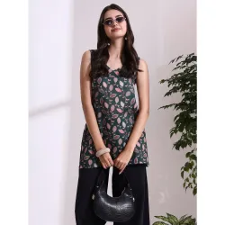 Women’s Floral Cotton Kurti V-Neck Round Style Sleeveless Ethnic Kurti for Women