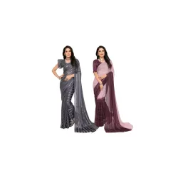Womens Multicolor Satin Striped Printed Saree with Unstitched Blouse Piece (Pack of 2)
