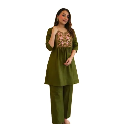 Image of Women's Rayon Embroidered Kurti with Pant Set 3/4 Sleeve