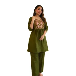 Women's Rayon Embroidered Kurti with Pant Set | Floral Yoke Design | 3/4 Sleeve Ethnic Co-Ord Set | Regular Fit Traditional Outfit