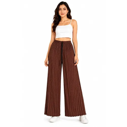 Image of Women's Textured Wide Leg Pants Brown Drawstring Waist
