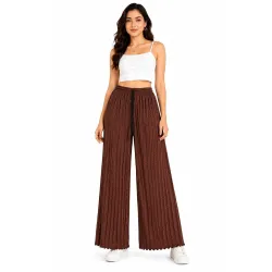 Womens Textured Wide Leg Pants Brown Drawstring Waist