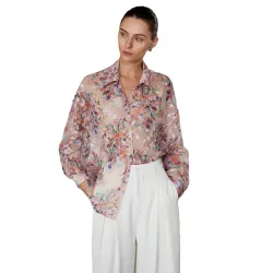 Women Shirt || Women Top ||Floral Print Polo Collar Shirt, Casual Long Sleeve (S-26-28)