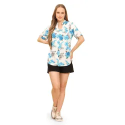 Womens Casual Shirt Soft Beach Shirts Floral Tropic Print V Neck T-Shirt Short Sleeve Button Up Tops