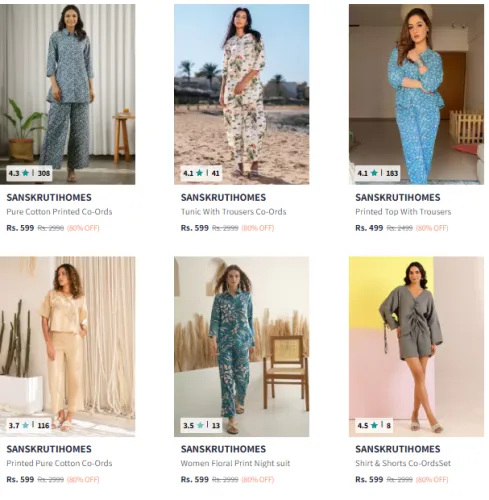 Image of Women's Cotton Top & Trousers Set @ Minimum 80% Discount