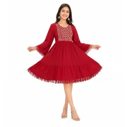 Women's Embroidered A-Line Midi Kurti Dress | 3/4 Bell Sleeves | Tiered Flared Cotton Blend Ethnic Kurta for Casual, Office, Festive Red