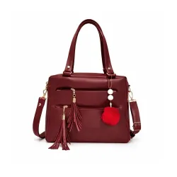 Womens Handbag with Tassel and Pom-Pom Charm 