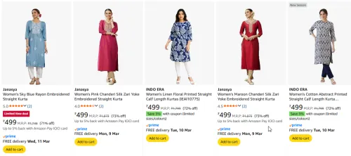 Image of Womens kurtas upto 73% discount 